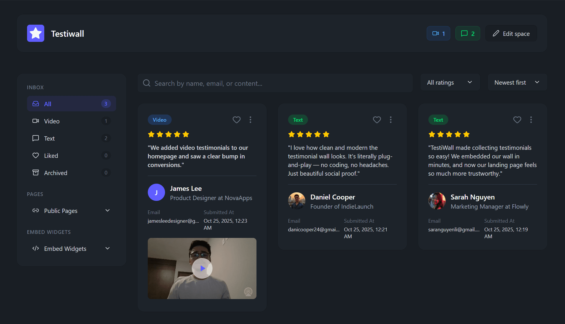 Dashboard for managing testimonials